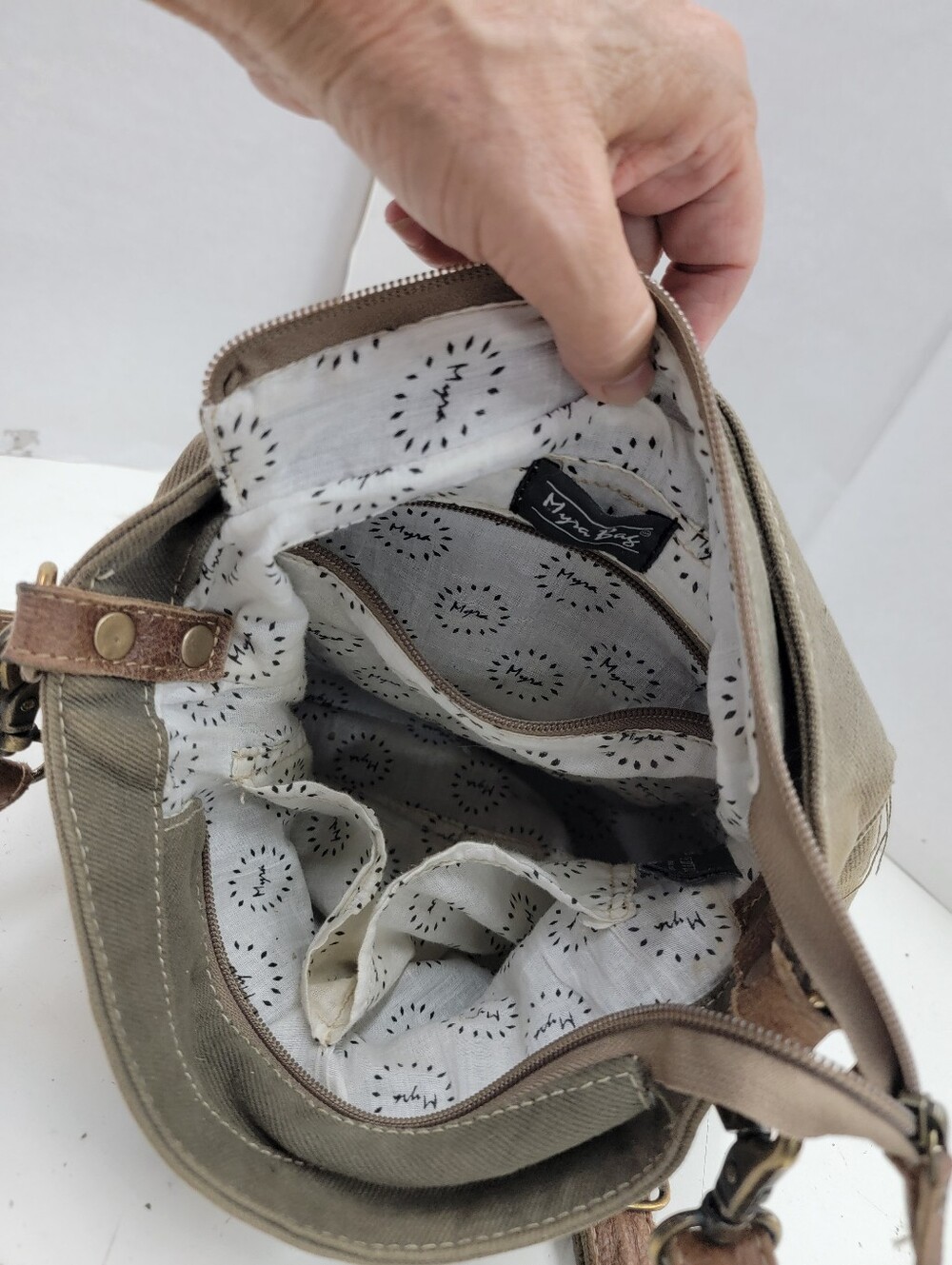 Myra Bag Canvas & Leather Hide Crossbody Bag Upcycled Military Canvas - Picture 11 of 12
